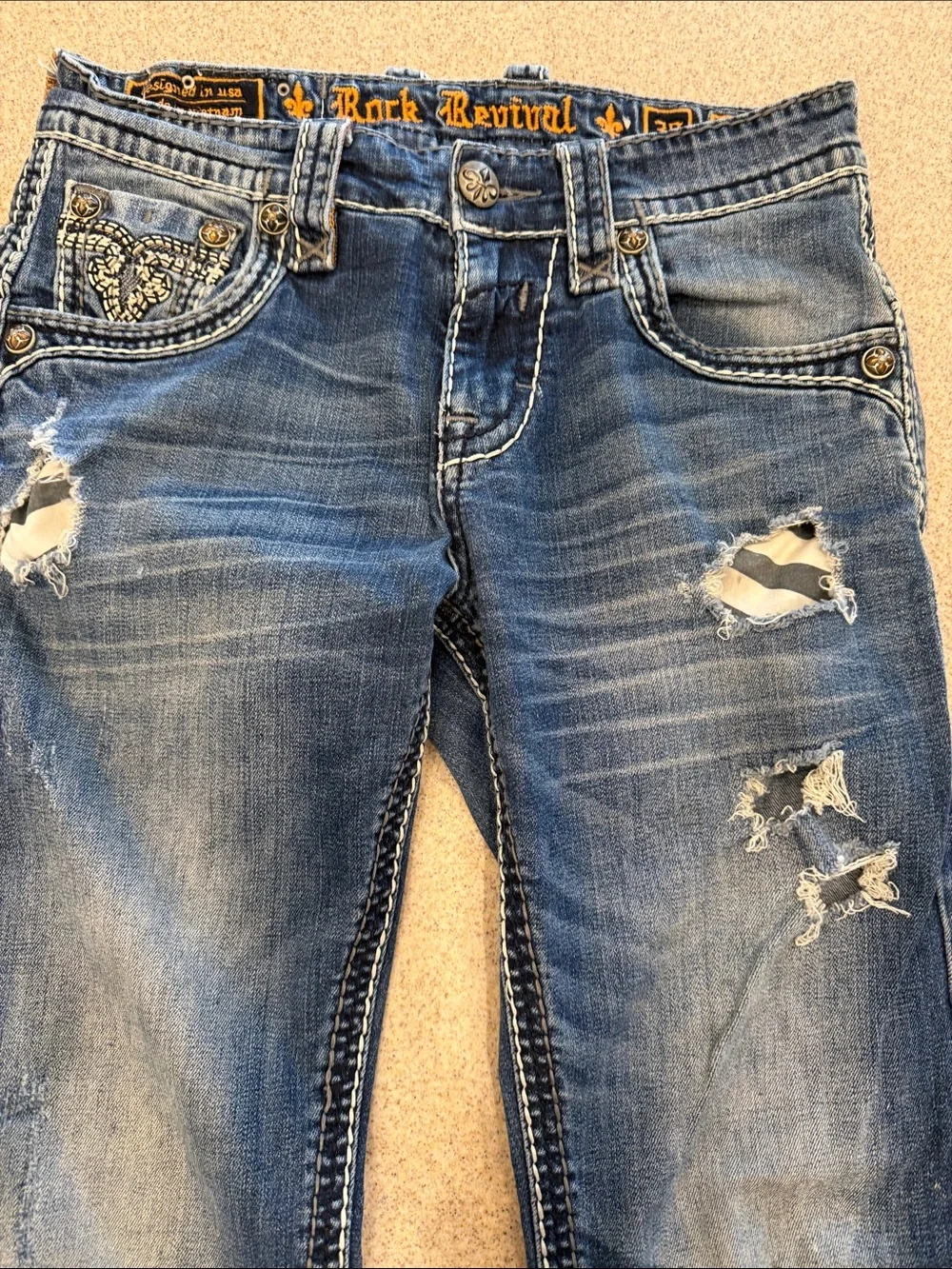 Rock Revival RhaysBlue Distressed Embellished Pocket Jeans 30X32